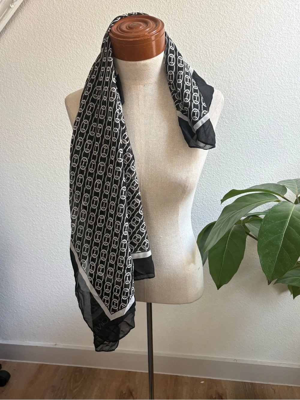 Calvin Klein Black and White Patterned Silk Scarf